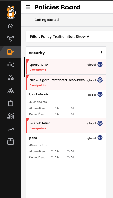 Screenshot of network security policies showing a "quarantine" policy with zero endpoints, illustrating explicit allow and