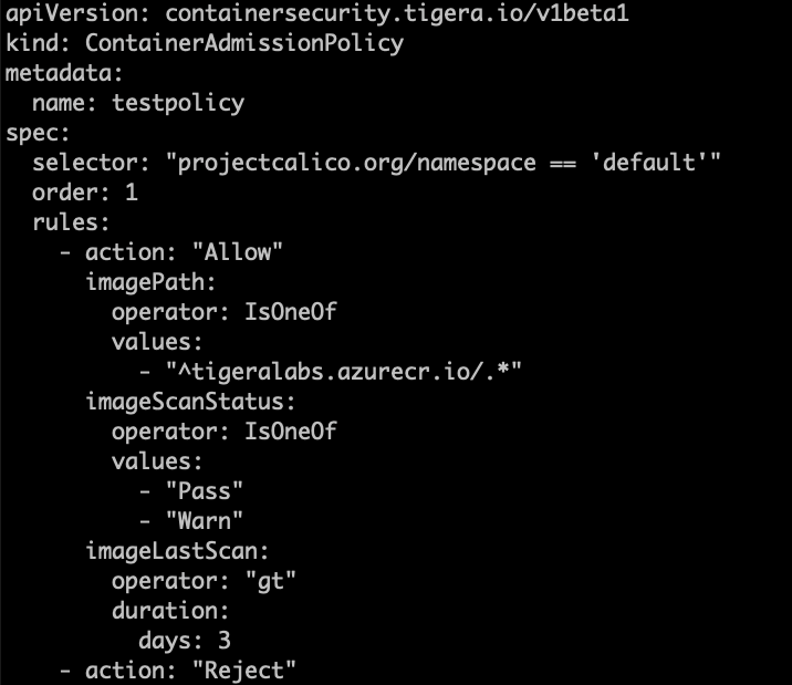 Calico admission control policy YAML code: blocks deployments using vulnerable images based on scan results