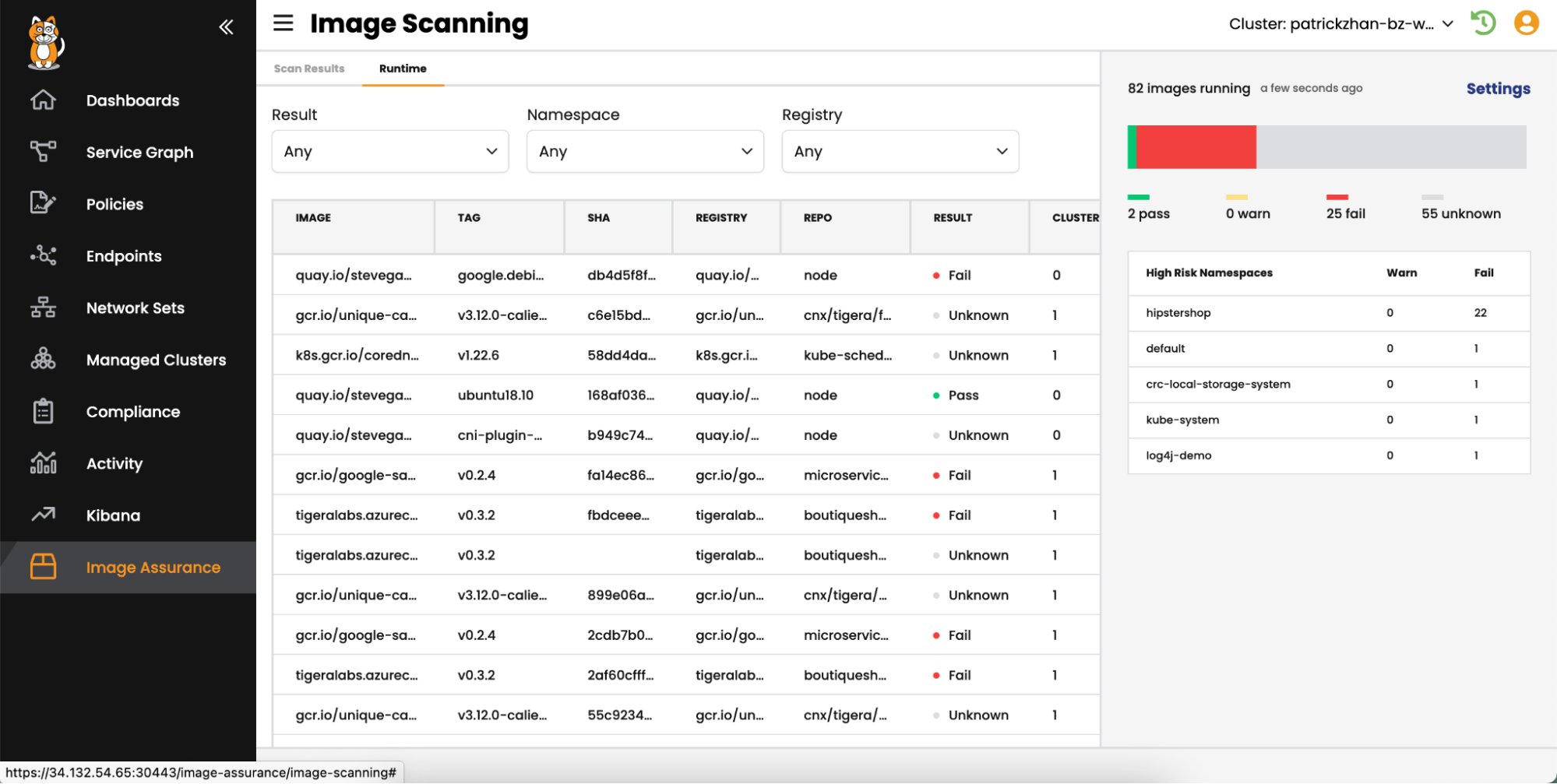 Calico runtime view showing image scan results: 82 images scanned, 25 failed, 55 unknown, highlighting vulnerability risks