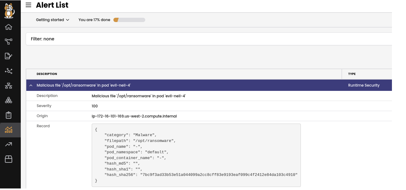Calico Cloud alert showing a malicious file detected; SHA256, SHA1, and MD5 hashes are included in the record