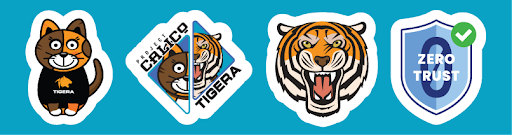 Stickers: Calico cat, Project Calico/Tigera logo, roaring tiger, and Zero Trust shield. Swag available at our CNAPP booth