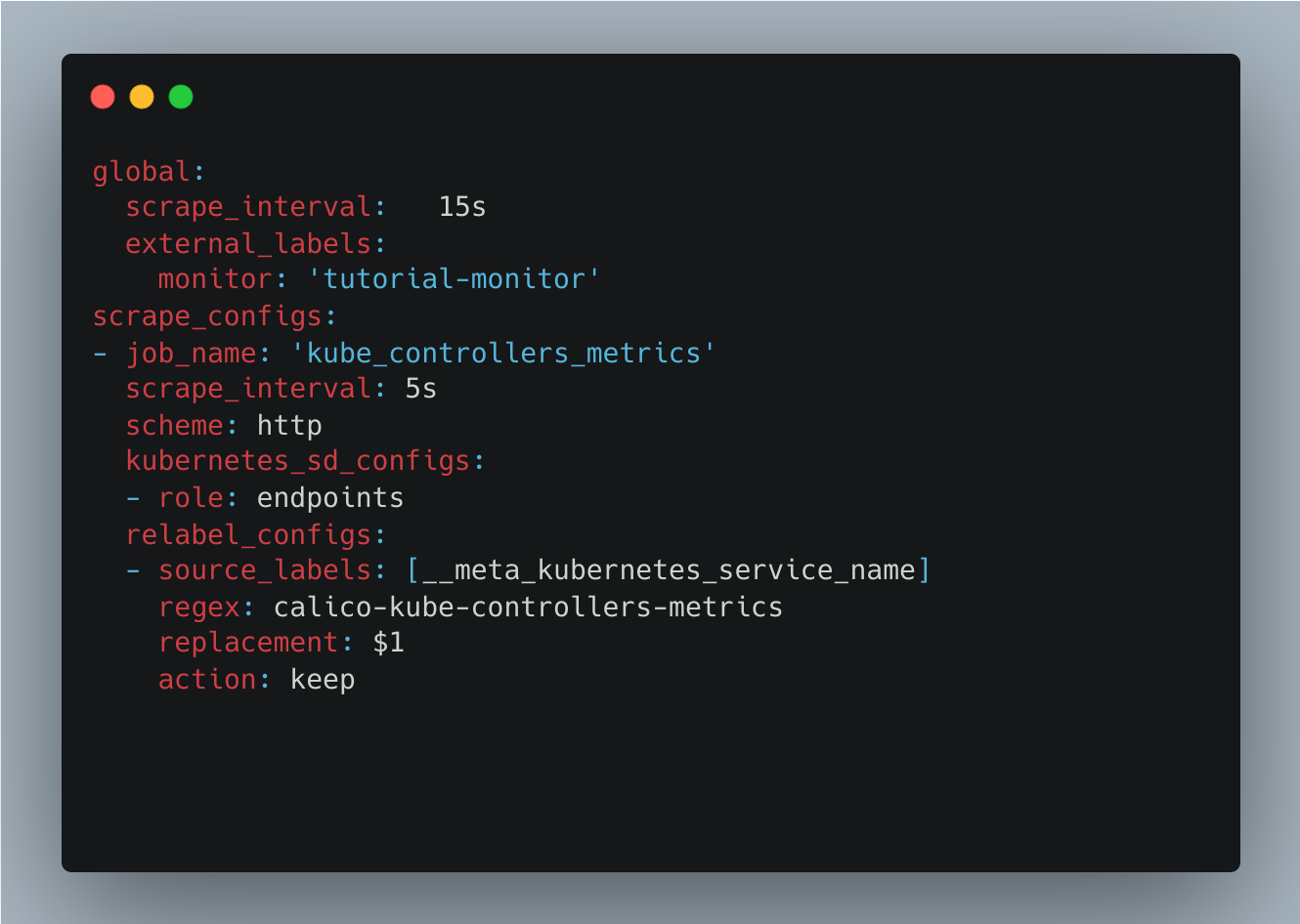 Code snippet: configuration that scrapes Calico metric values from a Kubernetes service named calico-kube-controllers-metrics