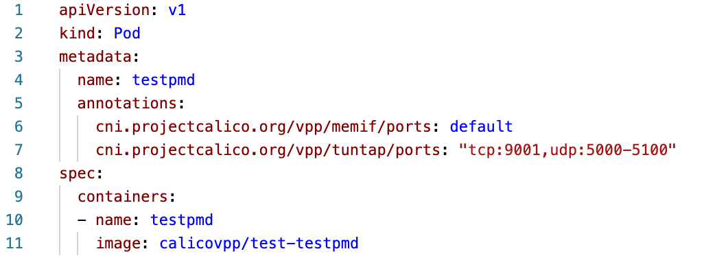 Pod definition with Calico/VPP annotations. Shows how to request memif interfaces for a pod