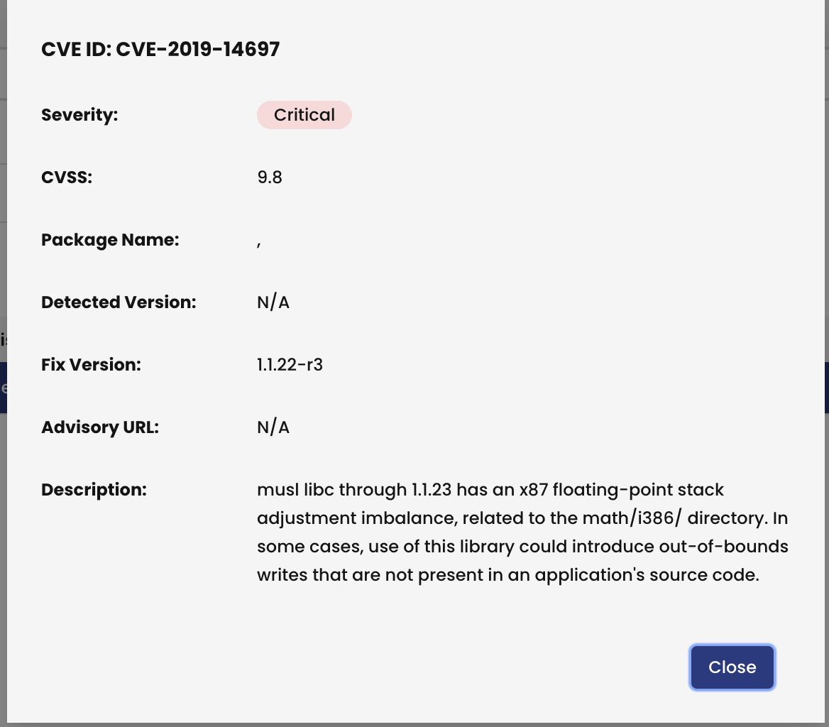 Detail view of a CVE, showing severity, CVSS score, fix version, and description