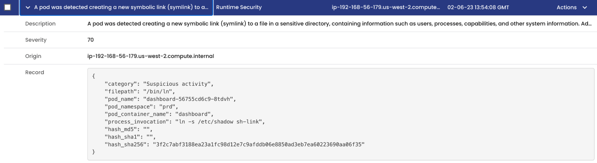 Calico Runtime Threat Defense alert: Suspicious symbolic link creation detected; triggering alert & mitigation