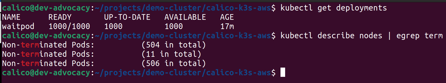 Terminal output showing 1000 pods deployed across nodes, confirming even distribution after scaling