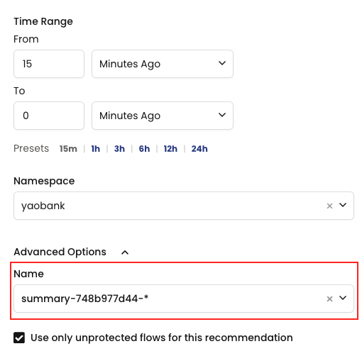 The image shows a UI to filter deployments. "Name" field shows "summary-748b977d44-", to be repeated for other deployments