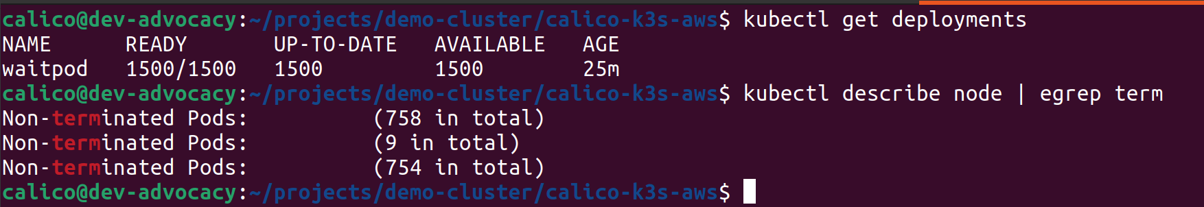 Terminal output showing pod counts per node, illustrating deployment distribution
