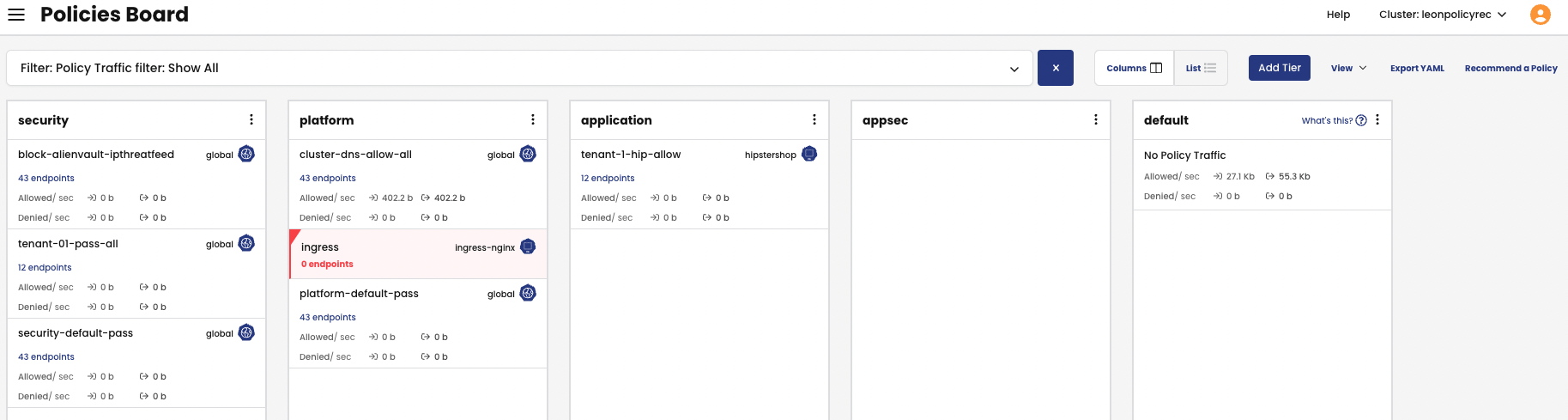 Calico Policies Board showing tiers and policies for security, platform, application, appsec, and default. Illustrates the
