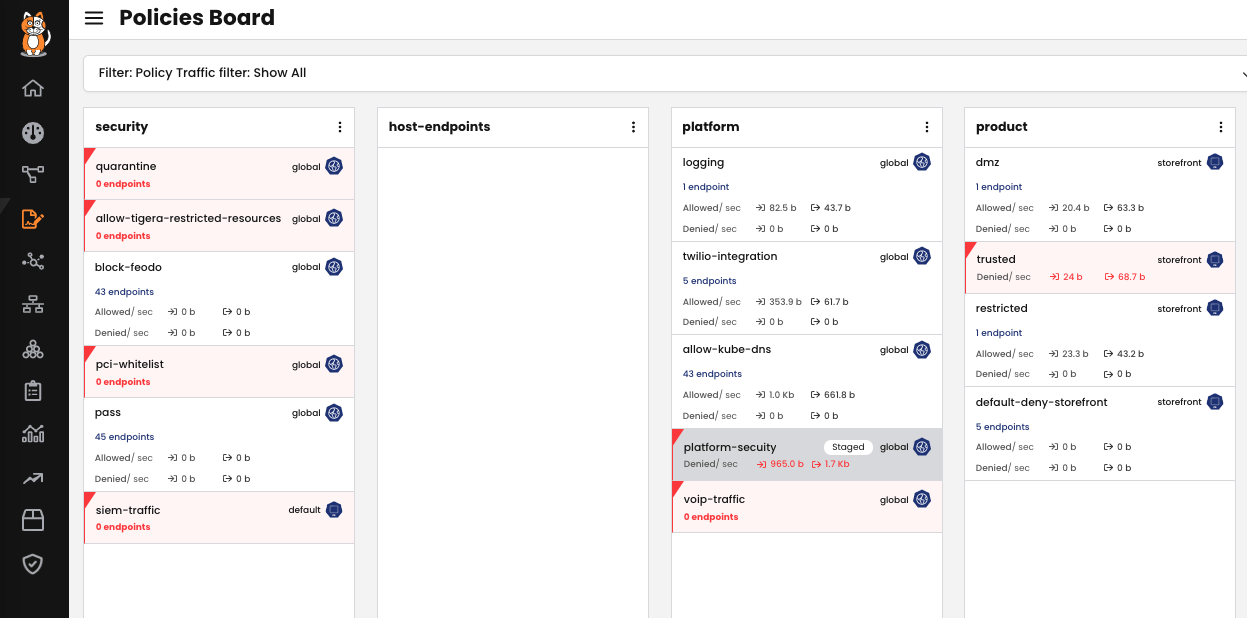 Calico dashboard showing security policies, endpoint counts, allowed/denied traffic, and global/storefront scopes for attack