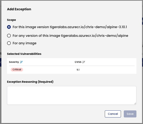 The 'Add Exception' dialog, showing options to create exceptions for vulnerabilities based on image scope