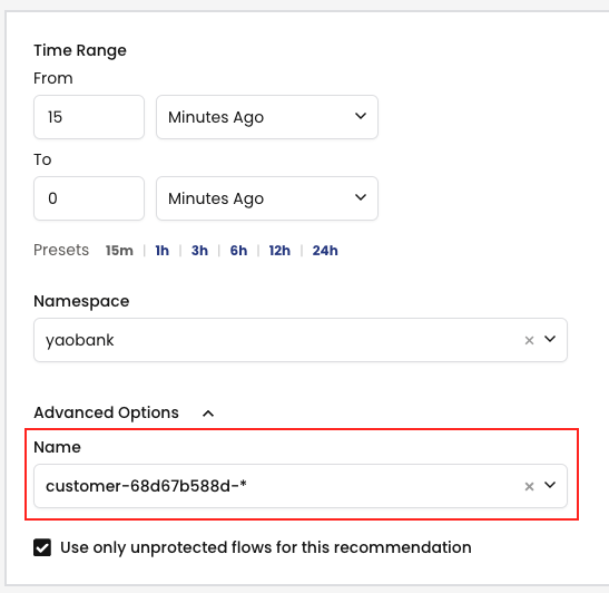 Screenshot of advanced options, showing a deployment name field within the selected namespace