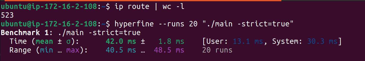 Benchmark results showing improved kernel-side filtering (similar to Calico 3.25.1): 42.0ms mean, 1.8ms standard deviation