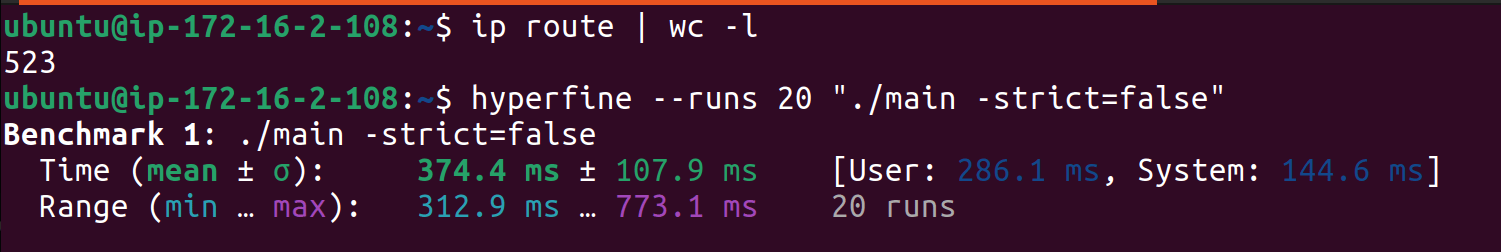 Benchmark results showing Calico v3.25.1+ route query performance: mean 374.4ms, range 312.9-773.1ms
