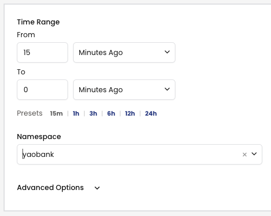 Time Range set to 15 minutes ago, showing the "From" and "To" fields, and preset time ranges