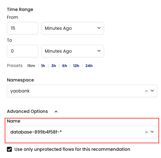 Configuration options: time range, namespace "yaobank," and name "database-899b4f58f