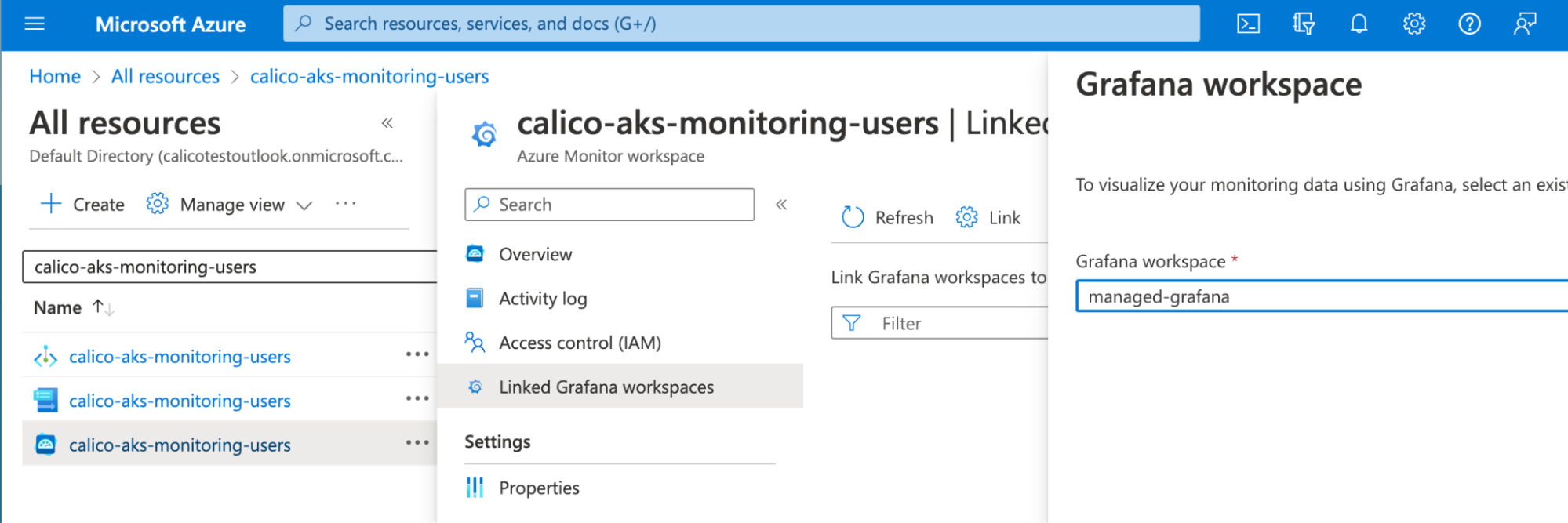 Azure portal screenshot showing 'Linked Grafana workspaces' and a 'Grafana workspace' field with 'managed-grafana' selected