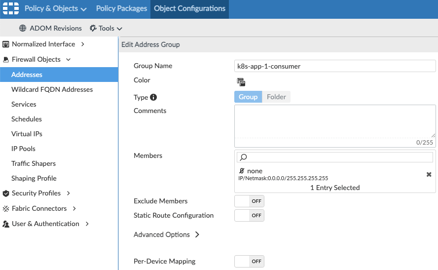 Screenshot of the "Edit Address Group" panel with "k8s-app-1-consumer" as the group name