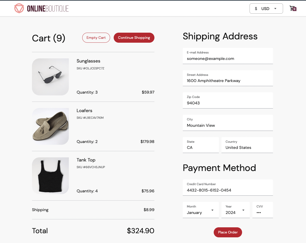 Online Boutique shopping cart checkout: 9 items, shipping address, payment details, $324.90 total