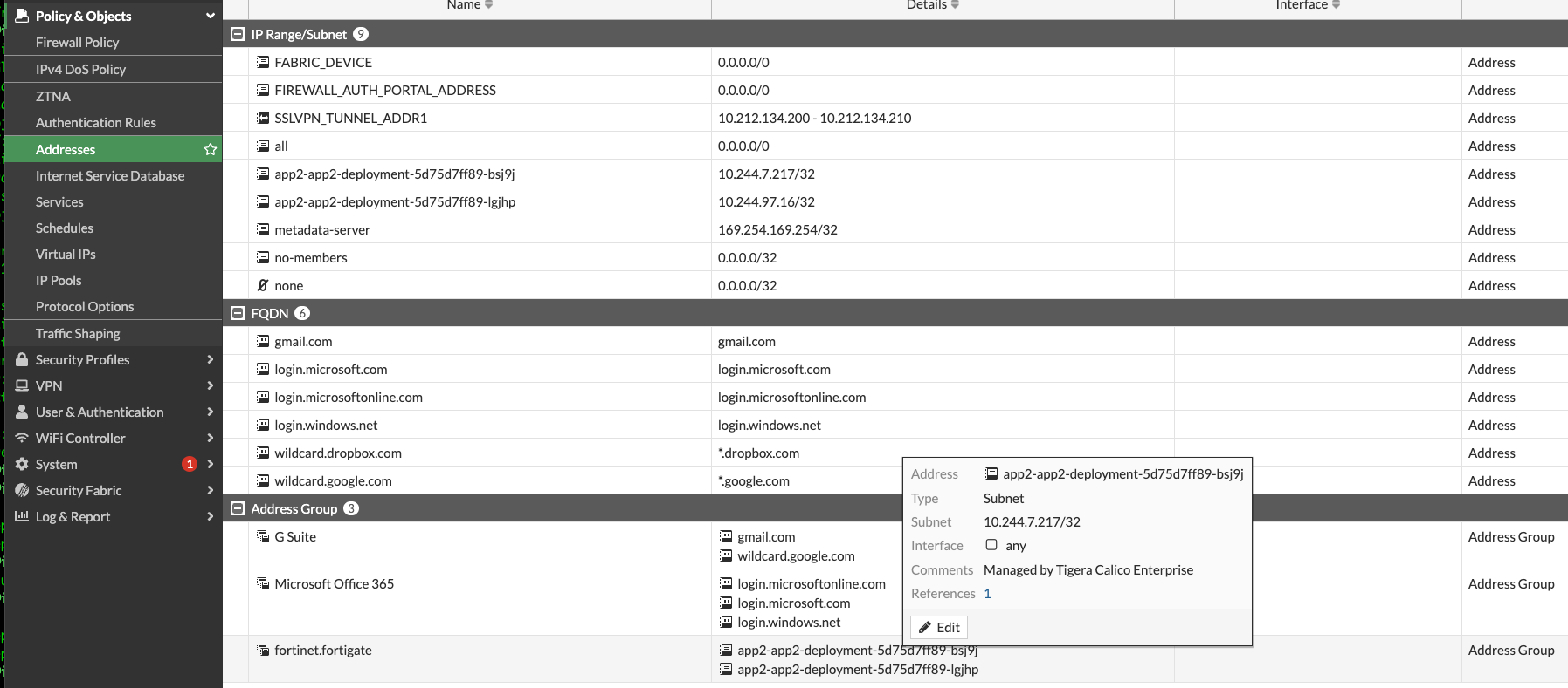 Screenshot of Kubernetes network policies showing pod IP address ranges defined as subnets