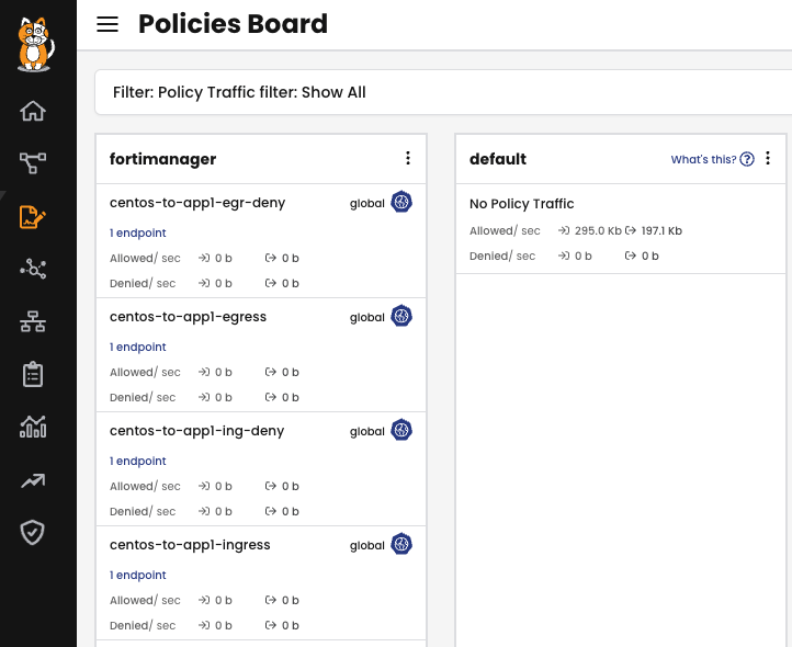 FortiManager policies board showing ingress/egress policies. Each direction has an allow rule and a deny-all rule