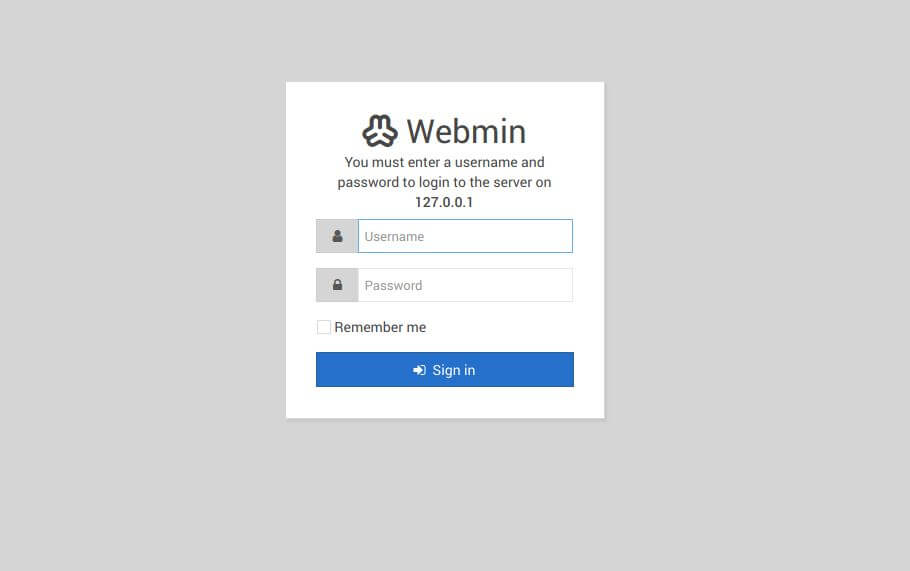 Webmin login screen at 127.0.0.1:5000, likely accessed via curl -kv, requiring username and password