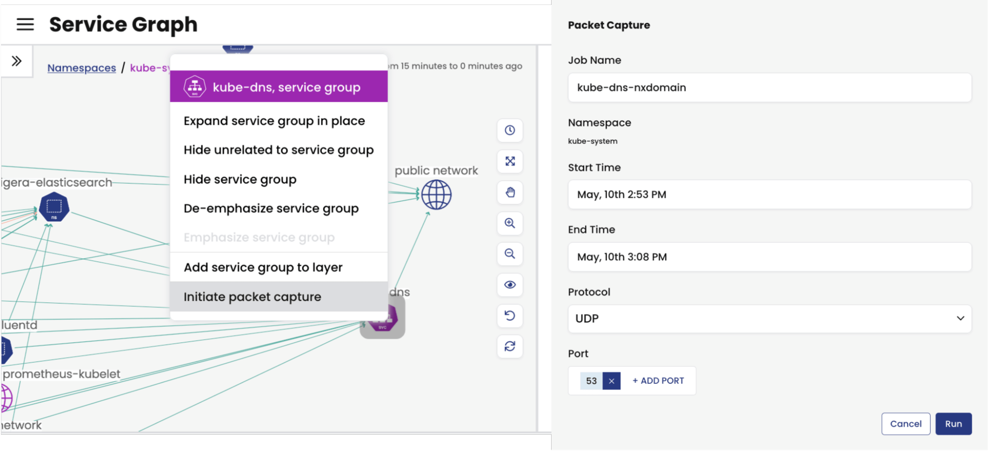 Service Graph dashboard example - kube-dns service is selected to initiate a packet capture, and a filter for UDP 53 is applied to the capture