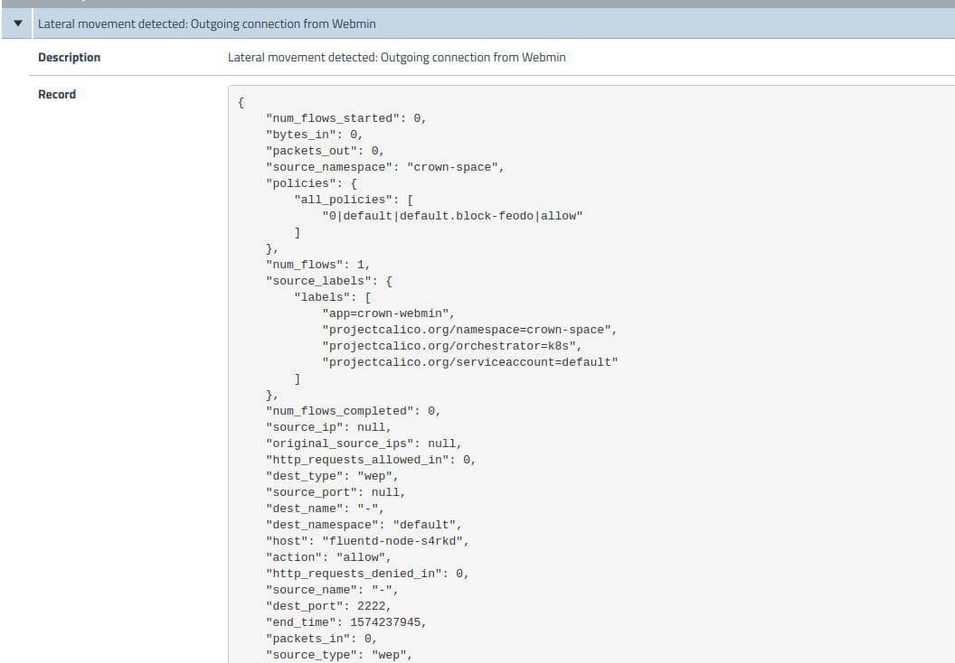 Screenshot of Elasticsearch showing "global.lateral.from-drupal" alert with details of an outgoing connection from Webmin