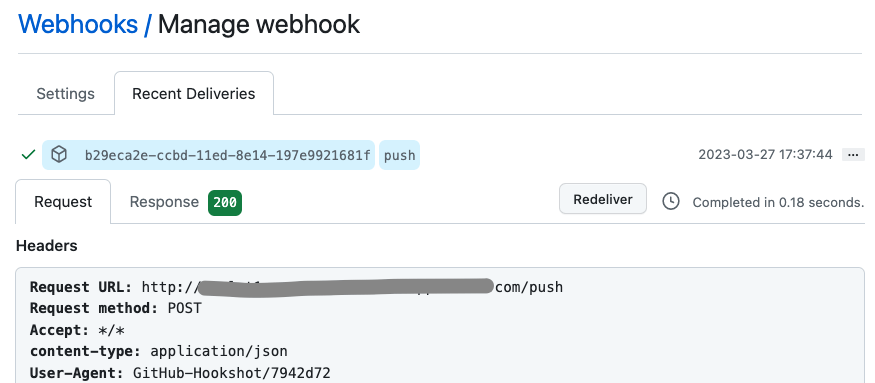 Webhook delivery details showing request and response headers, status code, and completion time