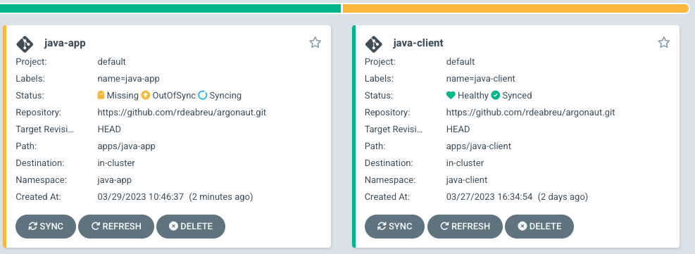 ArgoCD UI showing "java-app" as "OutOfSync" and "Syncing," while "java-client" is "Healthy" and "Synced
