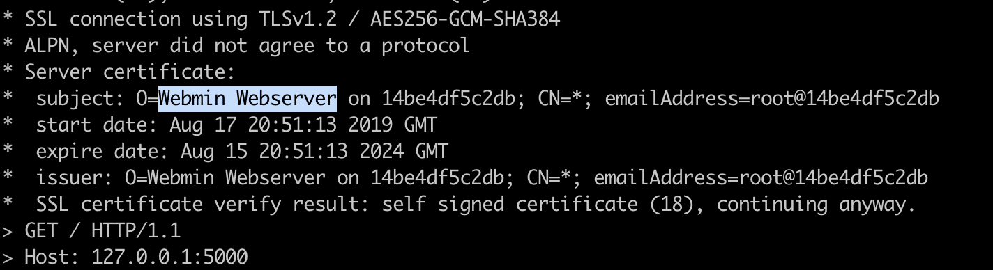 Terminal output showing a self-signed SSL certificate from a Webmin Webserver