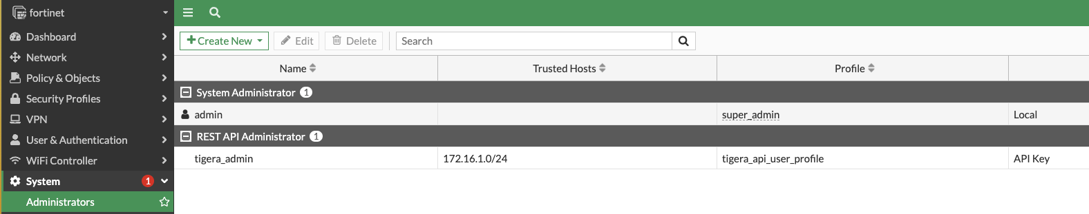 FortiGate's administrator list showing a "tigera_admin" REST API user with a custom API profile