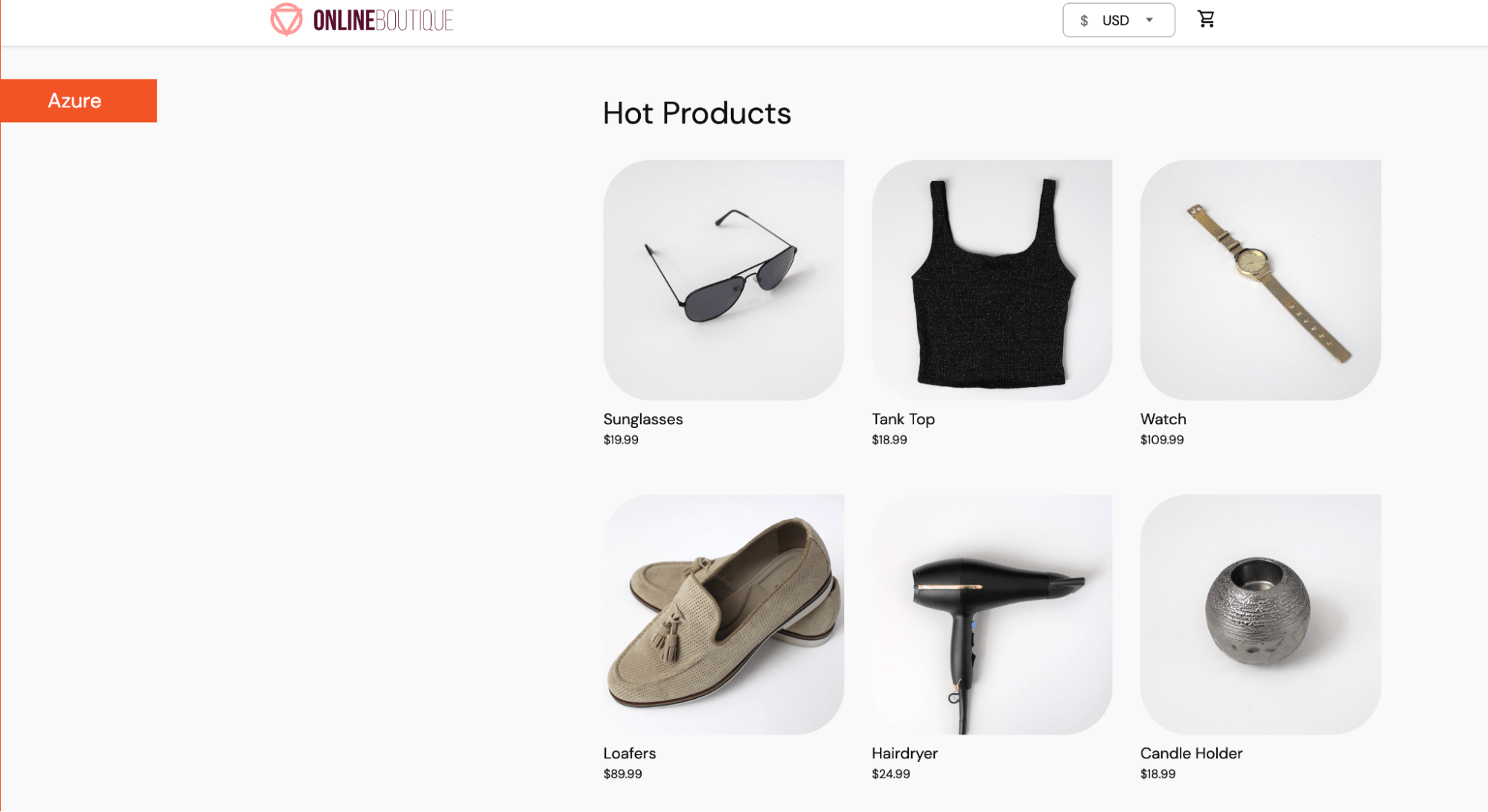 Online Boutique hot products: sunglasses, tank top, watch, loafers, hairdryer, candle holder