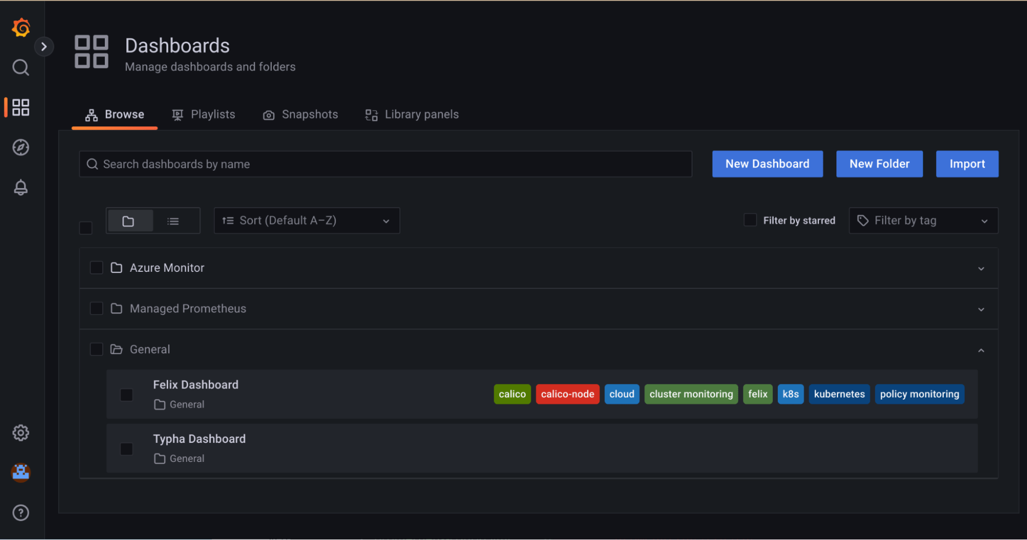 Grafana dashboard showing examples (Felix & Typha) with tags. Use as a base to customize dashboards for your environment