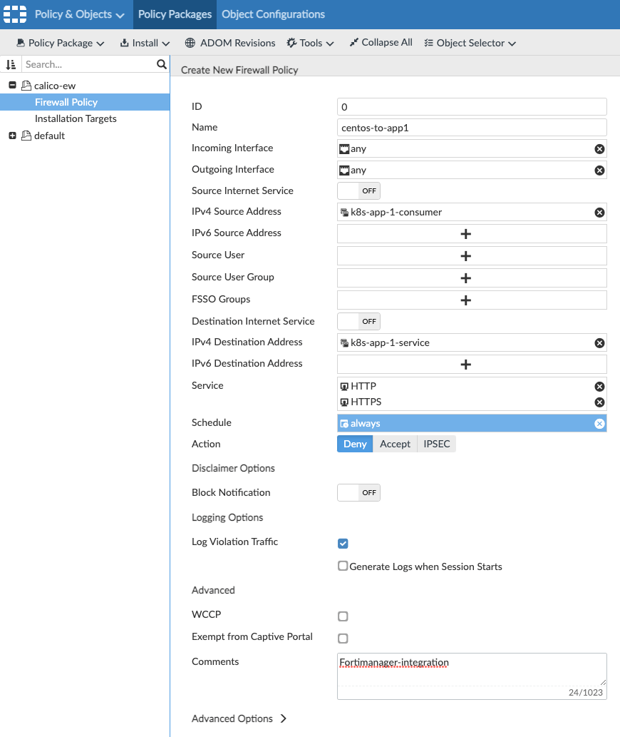 Screenshot of a 'Create New Firewall Policy' form, showing source/destination address groups and 'Deny' action