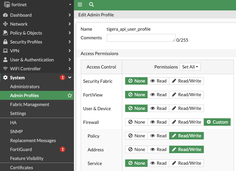 Fortinet admin profile settings for a Tigera API user, showing access control permissions