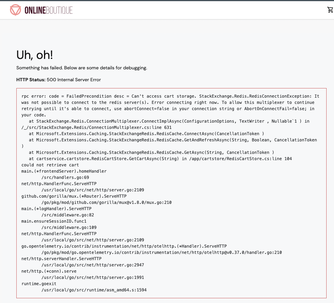 500 Internal Server Error: Can't access cart storage; cartservice unable to reach Redis