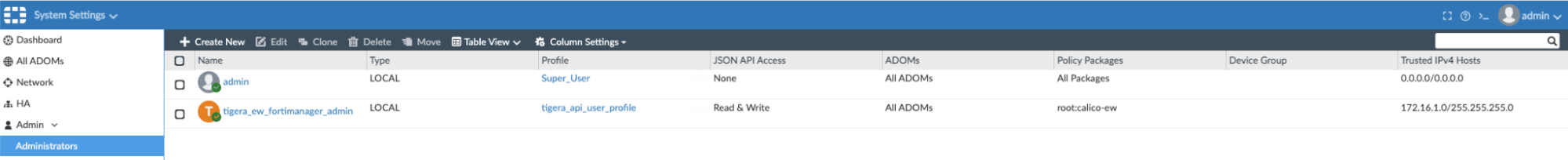 FortiManager Administrators view showing the "tigera_api_user_profile" with Read & Write JSON API access