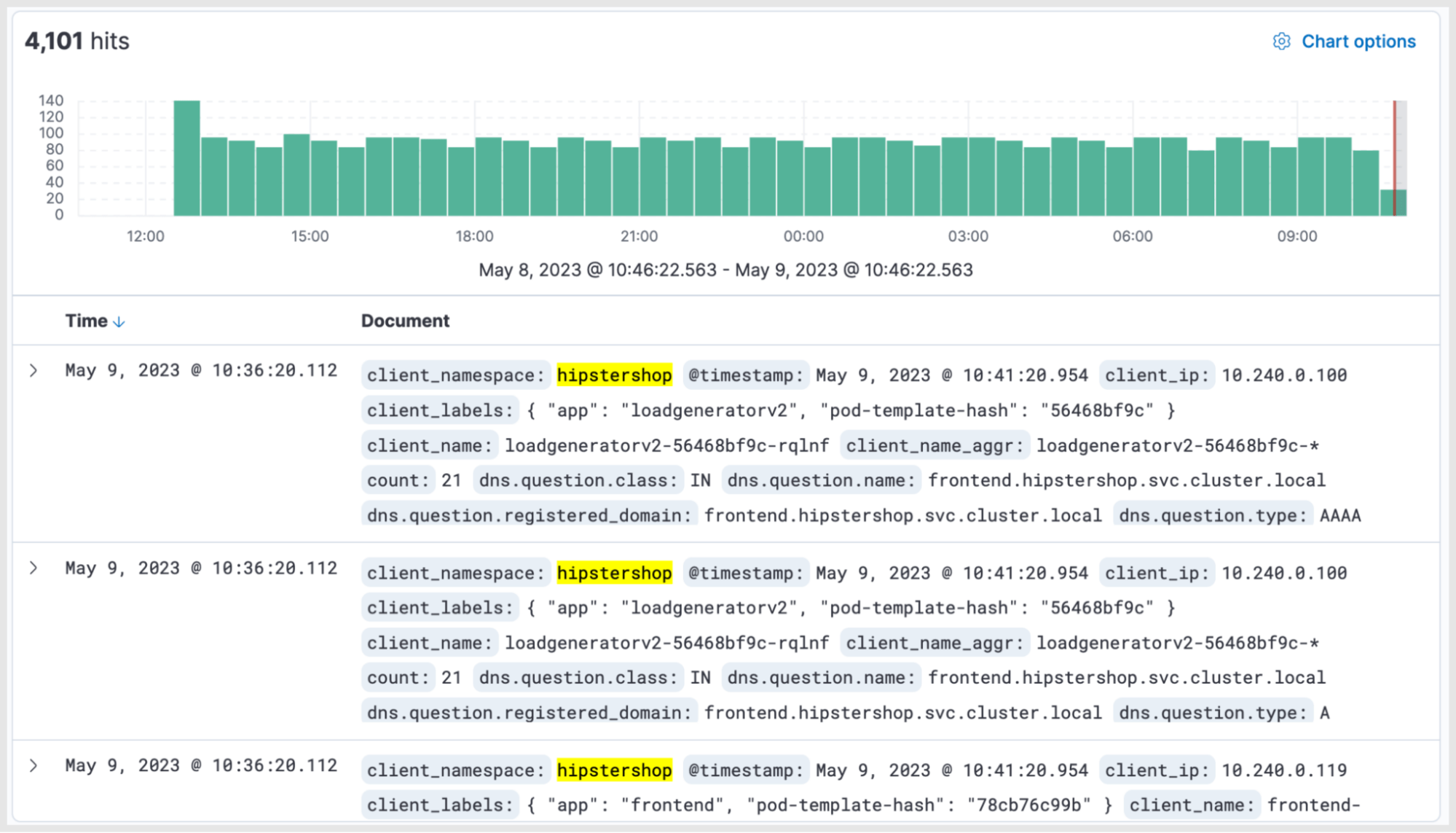 screenshot of DNS logs for a sample application in a namespace called “hiptershop”
