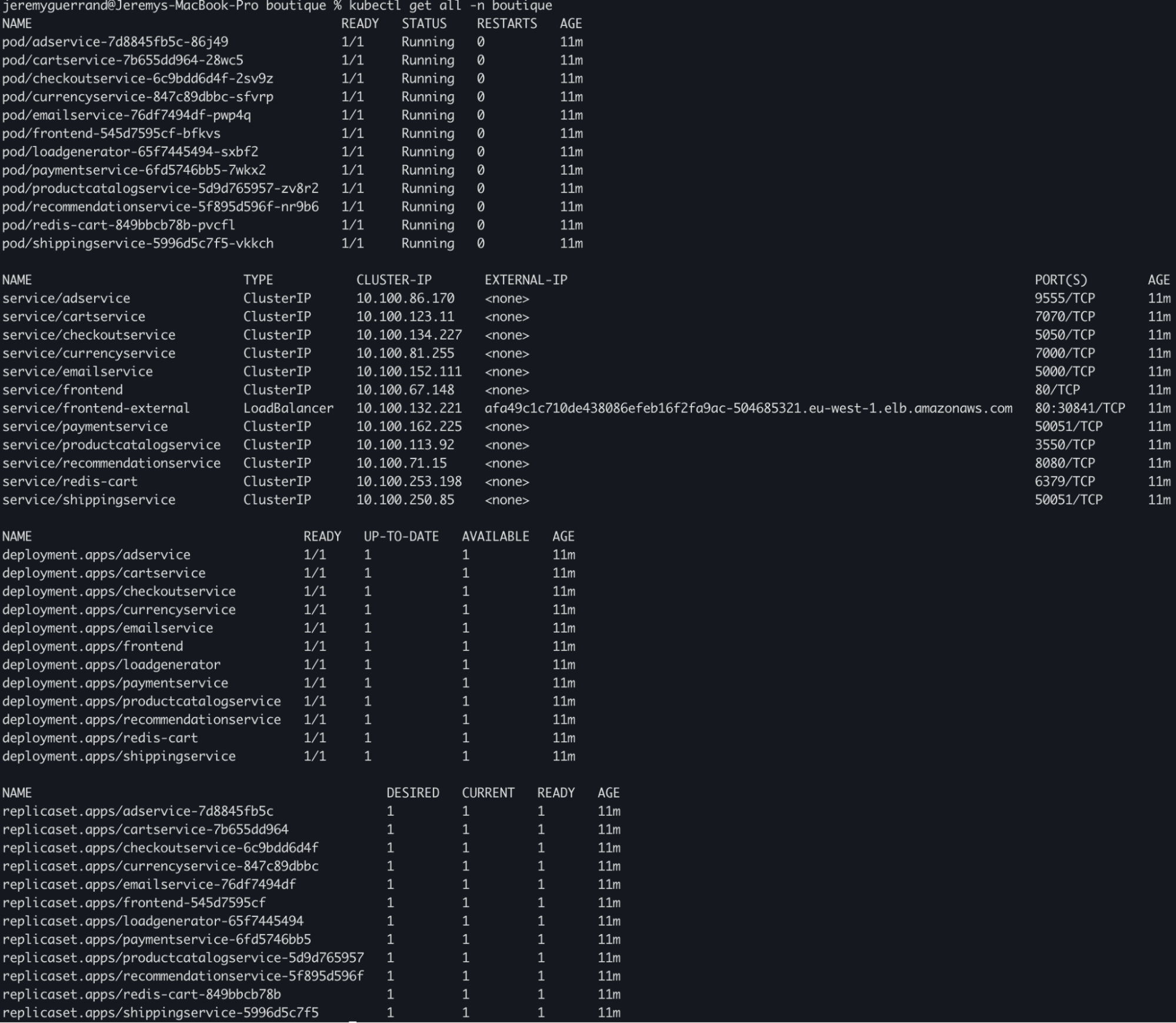 Kubernetes output showing pods, services, deployments, and replica sets for the Boutique app, all running and ready