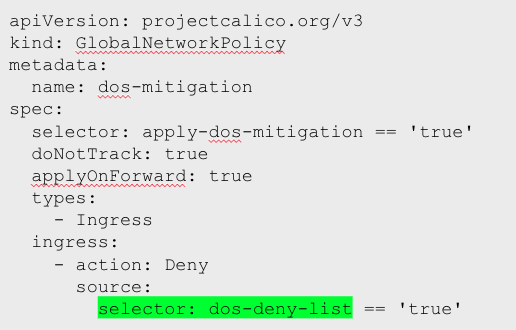 Code snippet showing a GlobalNetworkPolicy YAML definition with `doNotTrack` set to true, reusing a label from a network set