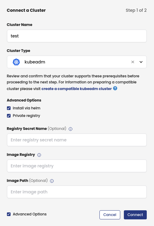 Calico Cloud UI: Connect Cluster page. Shows fields for registry secret name, image registry, and image path