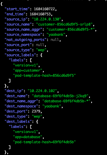 Example Calico flow log data, showing source/destination IPs, names, labels, and ports