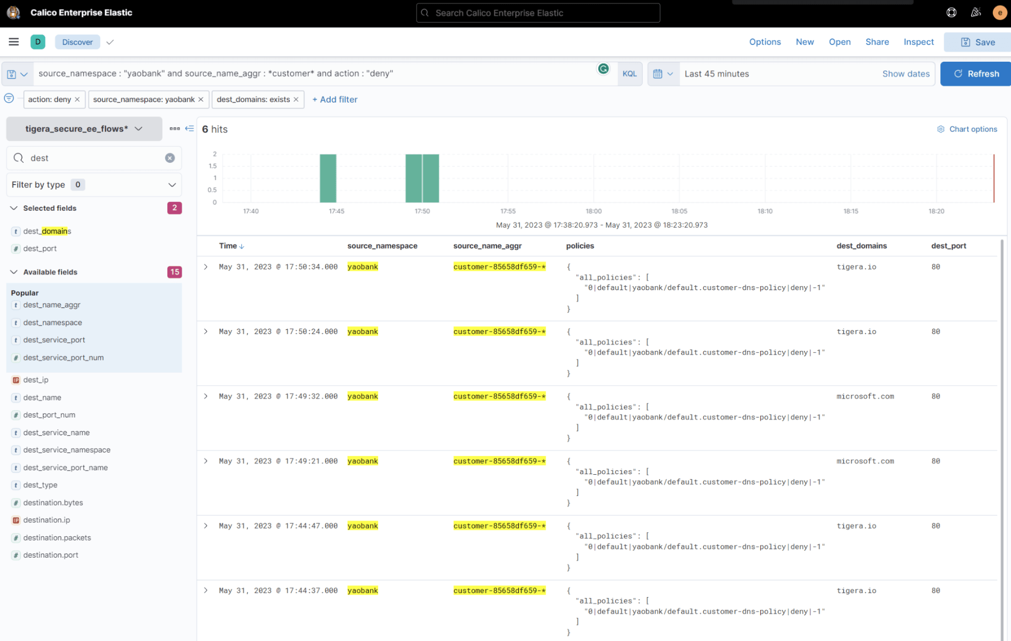 Calico dashboard showing filtered flow logs of denied connections from the "customer" deployment in the yaobank namespace