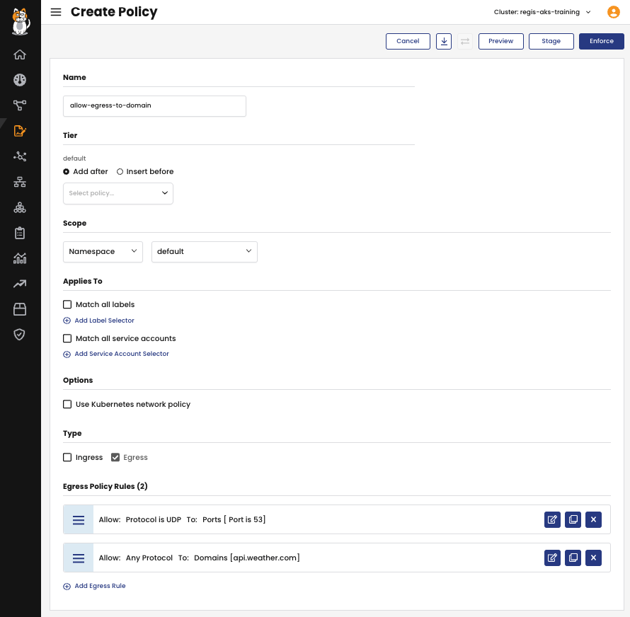 The 'Create Policy' screen, showing an example egress policy allowing UDP traffic to port 53 and traffic to api.weather.com