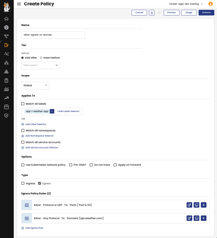 Screenshot of 'Create Policy' form, showing fields like name, tier, scope, and egress policy rules