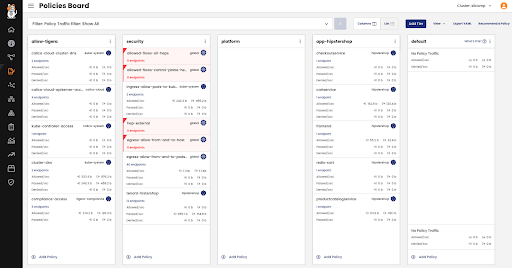 Calico Manager UI screenshot showing granular application microsegmentation policies defined via a table view