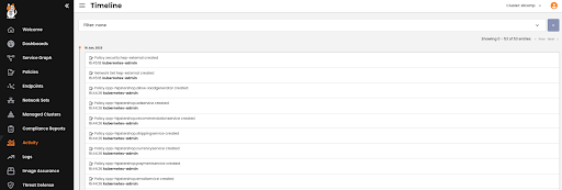 Screenshot of activity log showing policy creation and management, demonstrating RBAC implementation across endpoints